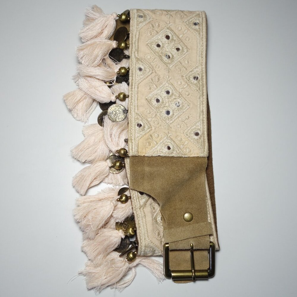 Miss June Paris Embroidered Bohemian Fringe Belt w/ Coin & Leather Accents, Sz 2